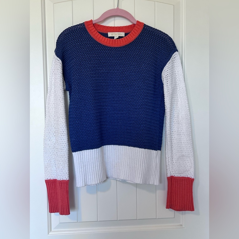Etcetera Blue, White, & Orange Crew neck sweater Sz XS